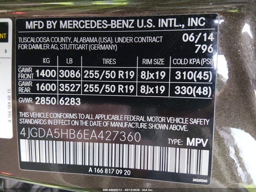 2014 Mercedes-benz M-klasse VIN 4JGDA5HB6EA427360 IAAI salvage auction — FRONT END, Salvage (North Carolina), sold $3,300 on 2026-07-13 (photo 9)