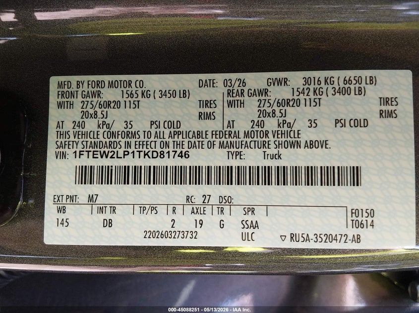 2026 Ford F-150 VIN 1FTEW2LP1TKD81746 IAAI salvage auction — FRONT END, Salvage Title, sold $13,200 on 2026-07-31 (photo 9)