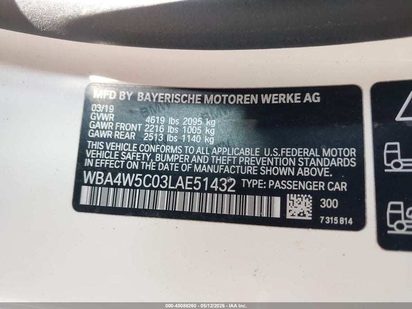 2020 BMW 4er VIN WBA4W5C03LAE51432 IAAI salvage auction — RIGHT SIDE, Original (Texas), sold $4,300 on 2026-07-15 (photo 9)