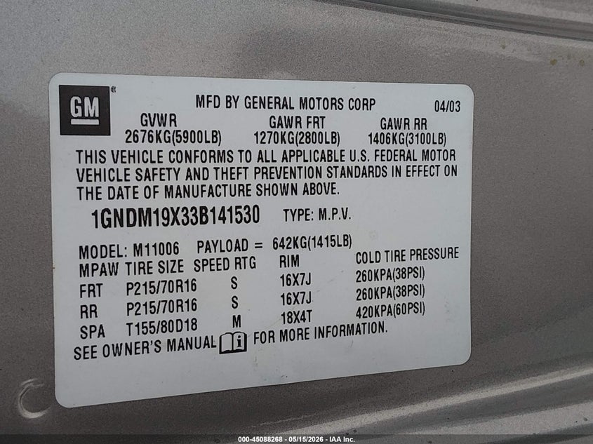 2003 Chevrolet Astro VIN 1GNDM19X33B141530 IAAI salvage auction — FRONT END, Salvage (Kentucky), sold $250 on 2026-07-08 (photo 9)