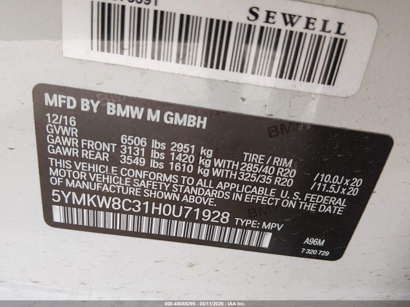 2017 BMW X6 m VIN 5YMKW8C31H0U71928 IAAI salvage auction — FRONT & REAR, Salvage Title, sold $10,750 on 2026-08-25 (photo 9)