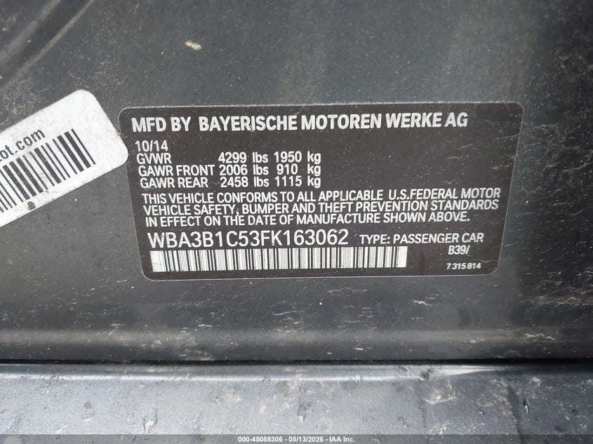 2015 BMW 3er VIN WBA3B1C53FK163062 IAAI salvage auction — SIDE, Salvage (New Hampshire), sold $800 on 2026-08-24 (photo 9)