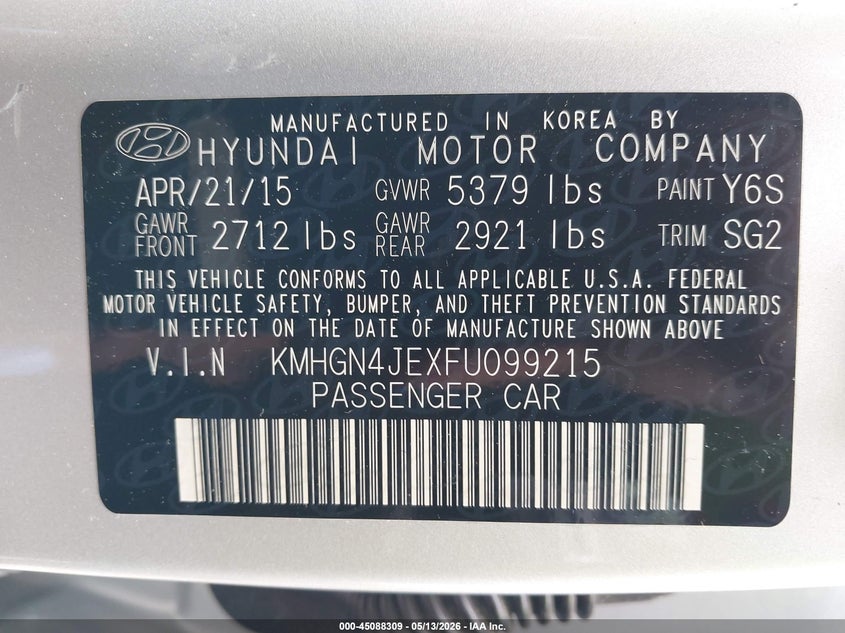 2015 Hyundai Genesis VIN KMHGN4JEXFU099215 IAAI salvage auction — RIGHT FRONT, Salvage - Greater Than 75% (Maryland), sold $1,800 on 2026-07-08 (photo 9)