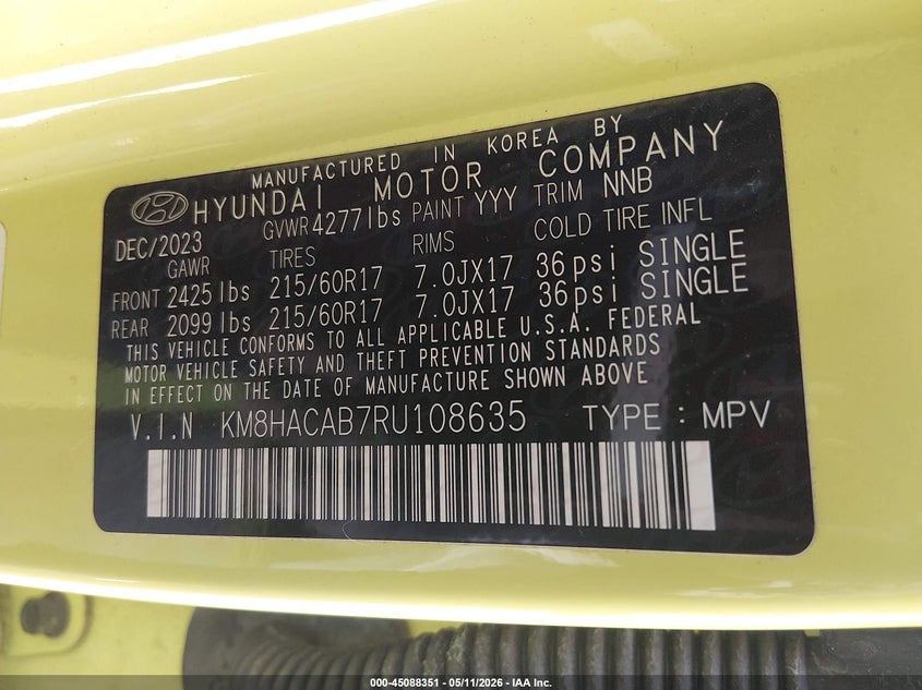 2024 Hyundai Kona VIN KM8HACAB7RU108635 IAAI salvage auction — FRONT END, Salvage (Illinois), sold $3,050 on 2026-07-28 (photo 9)