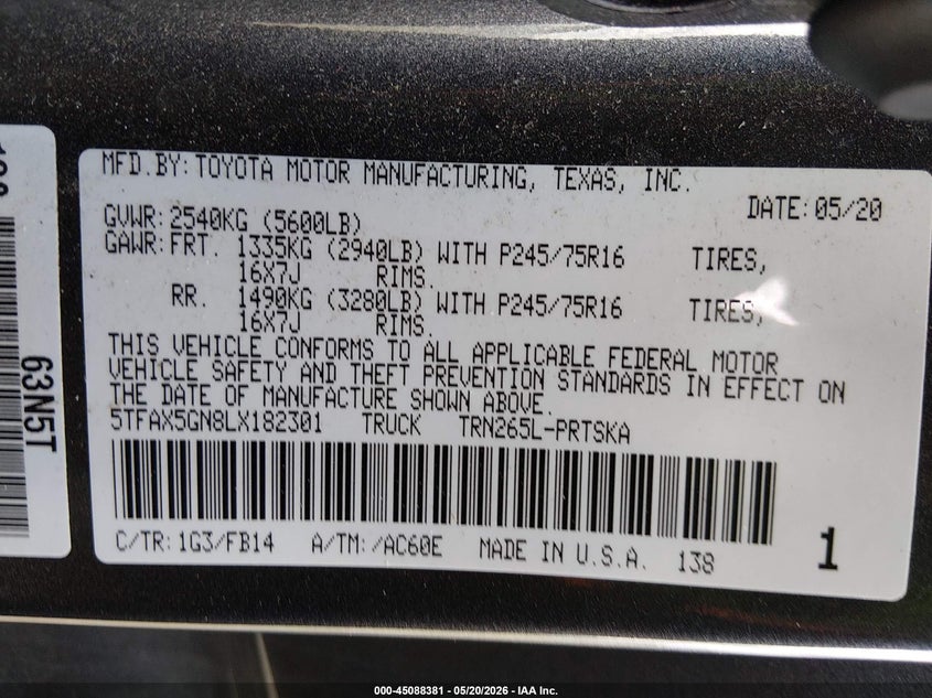 2020 Toyota Tacoma VIN 5TFAX5GN8LX182301 IAAI salvage auction — FRONT END, Salvage (Georgia), sold $10,200 on 2026-07-09 (photo 9)