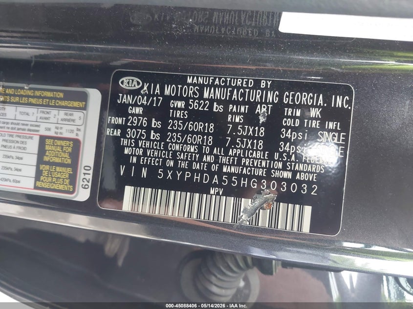 2017 Kia Sorento VIN 5XYPHDA55HG303032 IAAI salvage auction — FRONT END, Salvage - Greater Than 75% (Maryland), sold $3,250 on 2026-07-14 (photo 9)