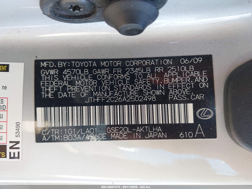 2010 Lexus Is VIN JTHFF2C26A2502498 IAAI salvage auction — FRONT END, Salvage (California), sold $525 on 2026-07-14 (photo 9)