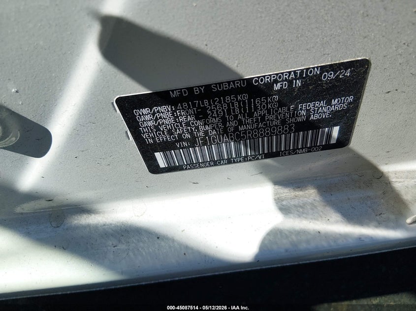 2024 Subaru Impreza VIN JF1GUABC5R8889883 IAAI salvage auction — FRONT END, Salvage Title, sold $225 on 2026-07-30 (photo 9)
