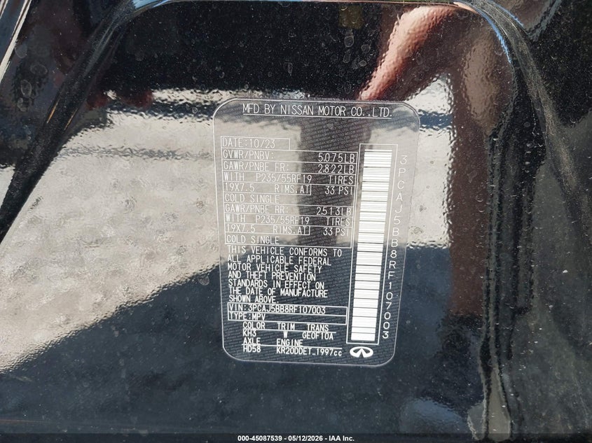 2024 Infiniti Qx50 VIN 3PCAJ5BB8RF107003 IAAI salvage auction — HAIL, Salvage Title, sold $11,300 on 2026-08-10 (photo 9)