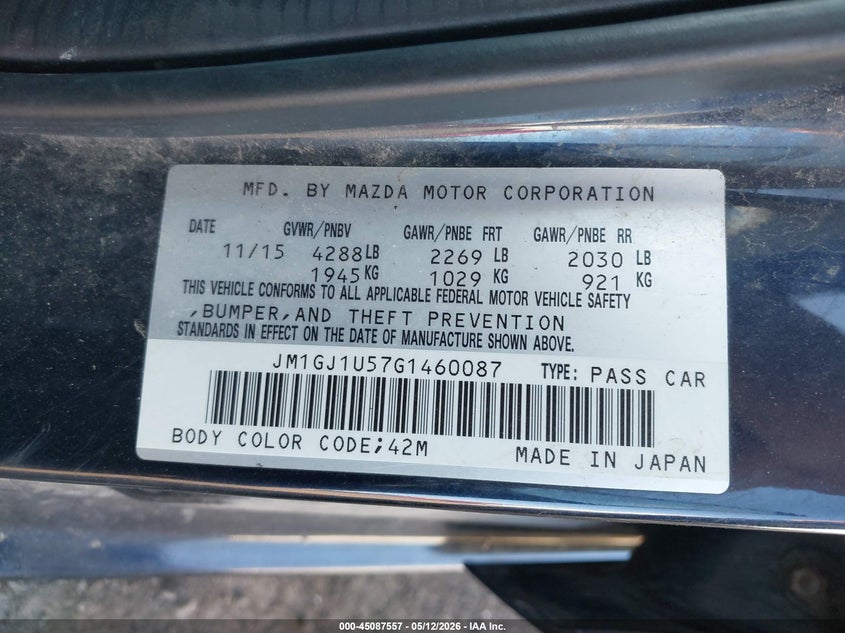 2016 Mazda 6 VIN JM1GJ1U57G1460087 IAAI salvage auction — FRONT END, Salvage (Maine), sold $25 on 2026-07-29 (photo 9)