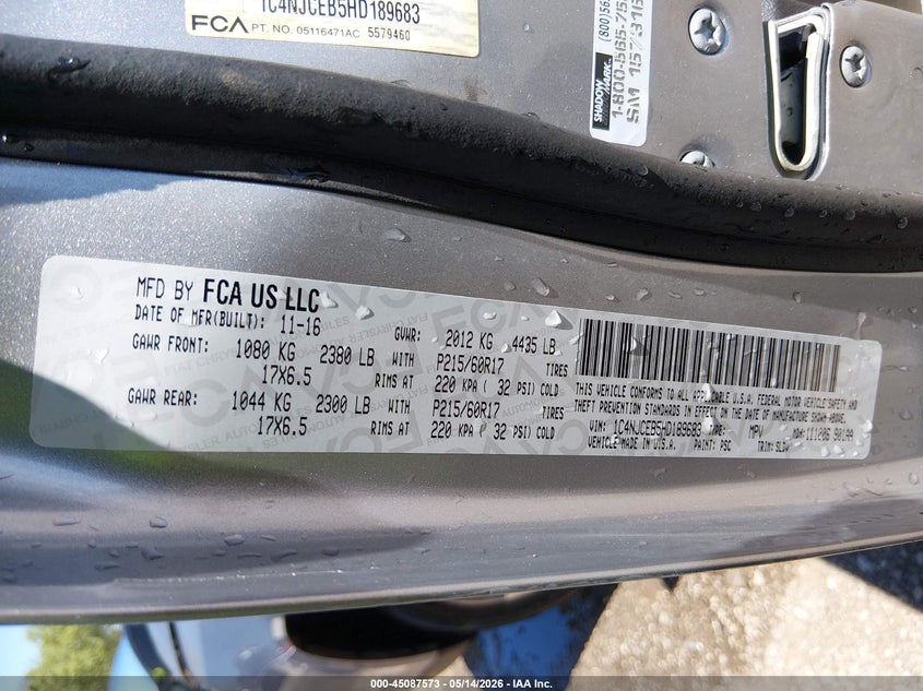 2017 Jeep Compass VIN 1C4NJCEB5HD189683 IAAI salvage auction — REAR END, Clear (Indiana), sold $1,225 on 2026-07-24 (photo 9)