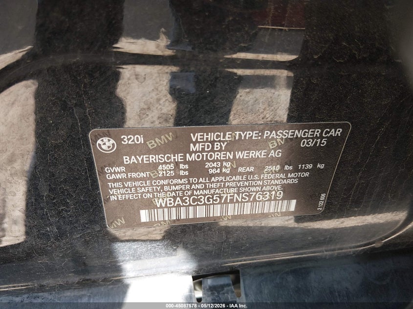 2015 BMW 3er VIN WBA3C3G57FNS76319 IAAI salvage auction — REAR END, Salvage (North Carolina), sold $1,900 on 2026-07-20 (photo 9)