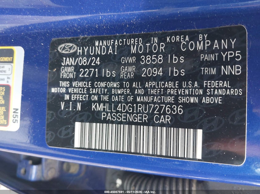 2024 Hyundai Elantra VIN KMHLL4DG1RU727636 IAAI salvage auction — FRONT END, Salvage (Virginia), sold $4,000 on 2026-07-07 (photo 9)
