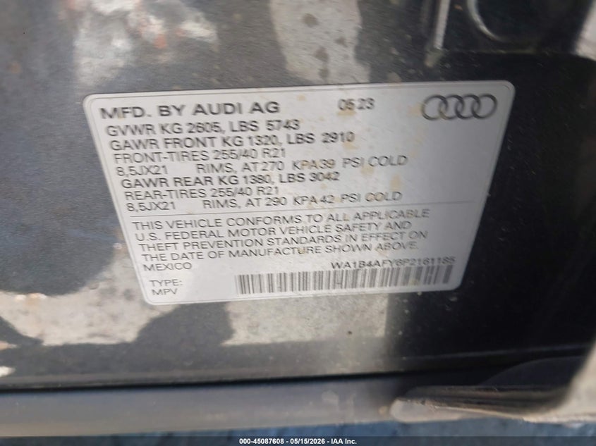 2023 Audi Sq5 VIN WA1B4AFY6P2161185 IAAI salvage auction — REAR END, Salvage (North Carolina), sold $16,250 on 2026-07-20 (photo 9)