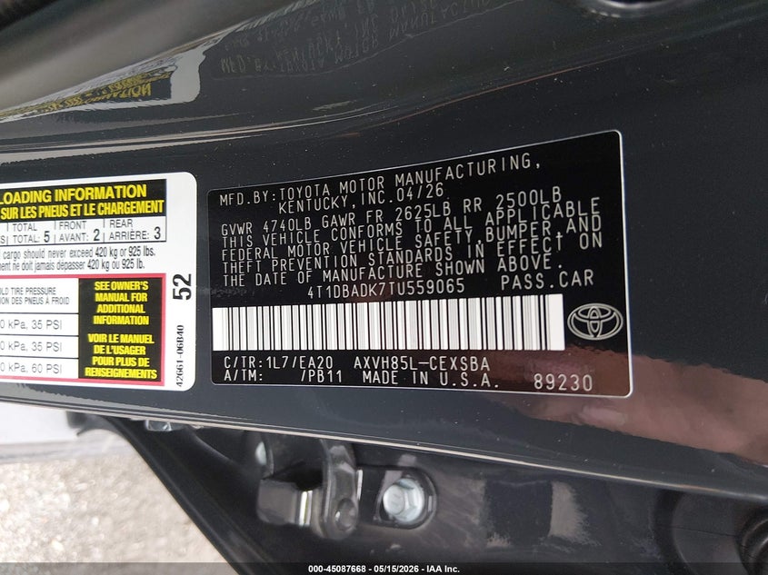 2026 Toyota Camry VIN 4T1DBADK7TU559065 IAAI salvage auction — FRONT END, Salvage (Connecticut), sold $11,450 on 2026-07-19 (photo 9)