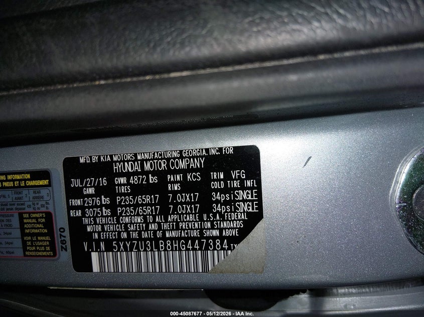 2017 Hyundai Santa fe VIN 5XYZU3LB8HG447384 IAAI salvage auction — SIDE, Salvage (Oregon), sold $3,250 on 2026-07-17 (photo 9)