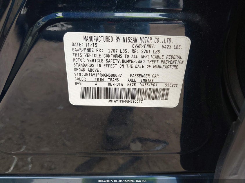 2016 Infiniti Q70 VIN JN1AY1PR4GM590037 IAAI salvage auction — FRONT END, Salvage (Texas), sold $2,450 on 2026-07-09 (photo 9)