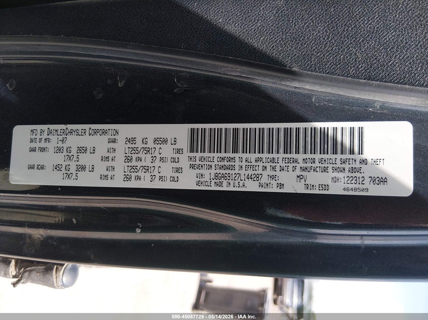 2007 Jeep Wrangler unlimited VIN 1J8GA69127L144287 IAAI salvage auction — HAIL, Salvage (Kansas), sold $3,950 on 2026-07-09 (photo 9)