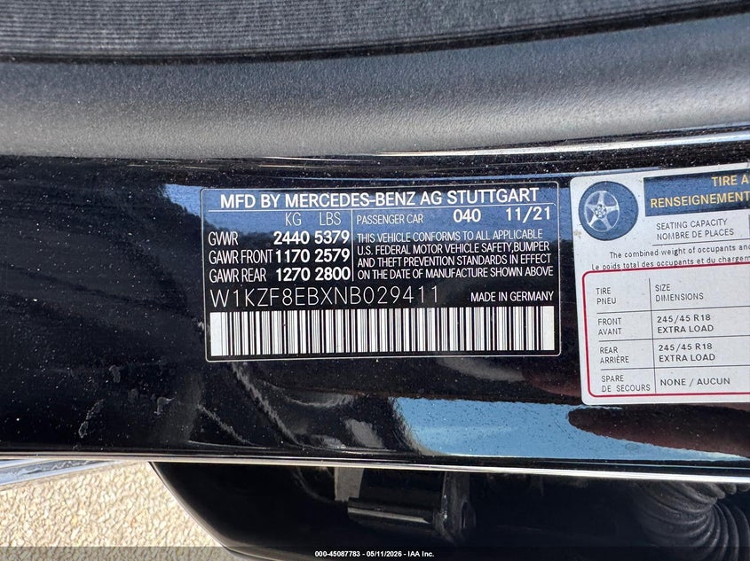 2022 Mercedes-benz E-klasse VIN W1KZF8EBXNB029411 IAAI salvage auction — Unknown, Clear (New York), sold $26,900 on 2026-06-06 (photo 9)