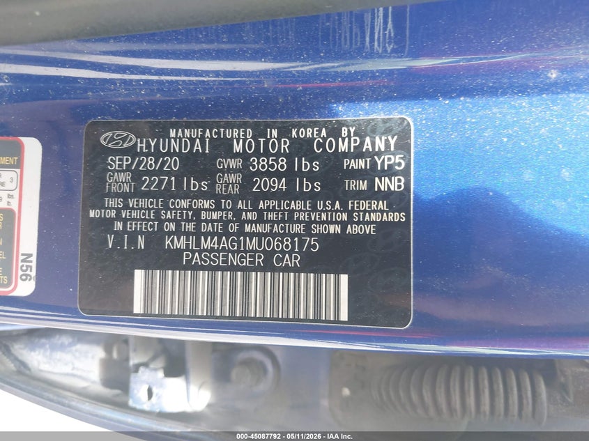 2021 Hyundai Elantra VIN KMHLM4AG1MU068175 IAAI salvage auction — FRONT END, Salvage (Vermont), sold $2,050 on 2026-07-16 (photo 9)