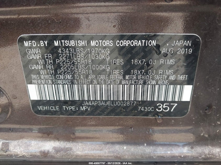 2020 Mitsubishi Outlander VIN JA4AP3AU6LU002877 IAAI salvage auction — RIGHT FRONT, Salvage (Ohio), sold $3,300 on 2026-07-29 (photo 9)