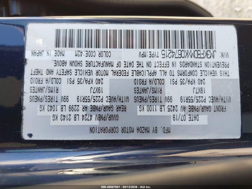 2019 Mazda Cx-5 VIN JM3KFBDMXK0674215 IAAI salvage auction — FRONT END, Bill Of Sale (Washington), sold $4,250 on 2026-07-12 (photo 9)