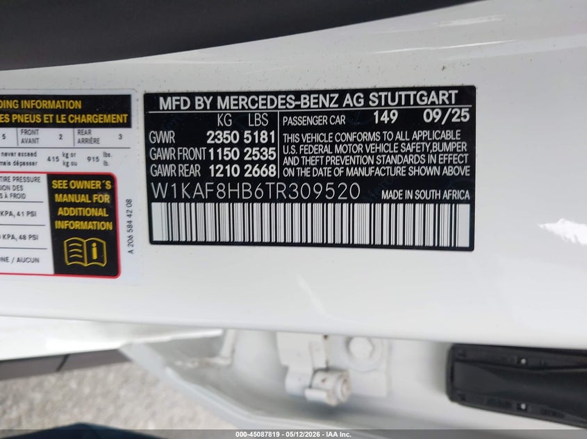 2026 Mercedes-benz C class VIN W1KAF8HB6TR309520 IAAI salvage auction — LEFT FRONT, Salvage (California), sold $32,000 on 2026-07-30 (photo 9)