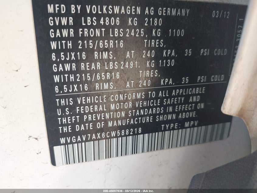 2012 Volkswagen Tiguan VIN WVGAV7AX6CW588218 IAAI salvage auction — FRONT & REAR, Salvage (California), sold $1,000 on 2026-07-14 (photo 9)