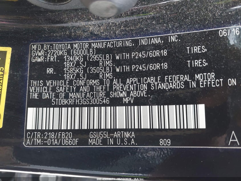 2016 Toyota Highlander VIN 5TDBKRFH3GS300546 IAAI salvage auction — FRONT END, Salvage (Iowa), sold $6,150 on 2026-07-21 (photo 9)