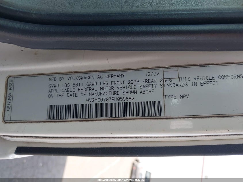 1993 Volkswagen Eurovan VIN WV2MC0707PH059882 IAAI salvage auction — BIO HAZARD, Salvage (Texas), sold $400 on 2026-07-23 (photo 9)
