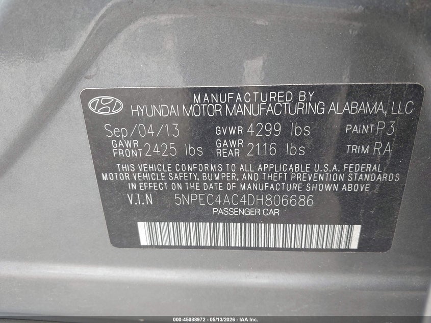 2013 Hyundai Sonata VIN 5NPEC4AC4DH806686 IAAI salvage auction — SIDE, Salvage (Georgia), sold $1,000 on 2026-07-17 (photo 9)