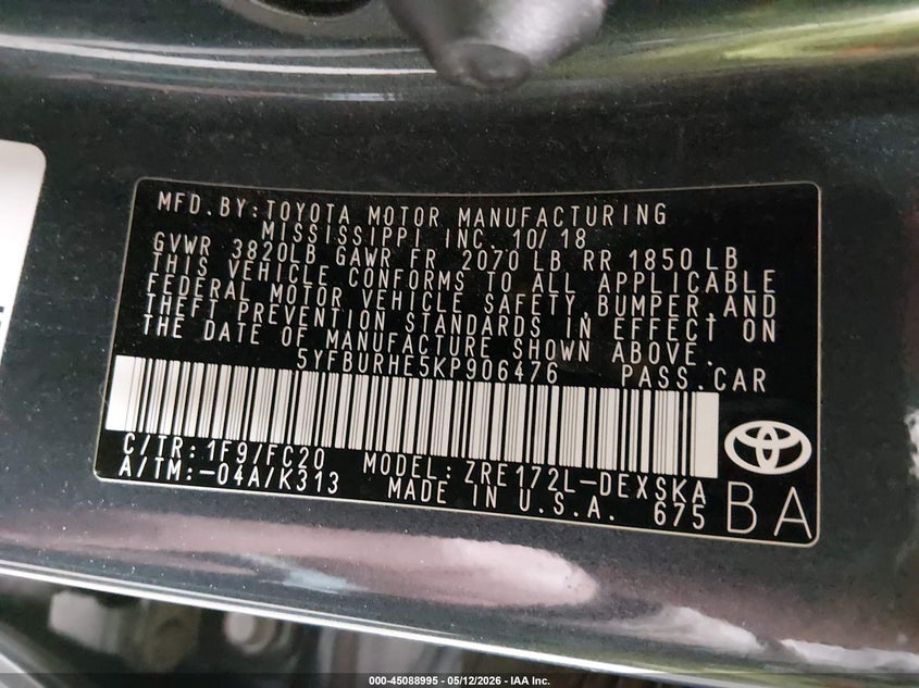 2019 Toyota Corolla VIN 5YFBURHE5KP906476 IAAI salvage auction — REAR END, Bill Of Sale (Alaska), sold $2,375 on 2026-07-17 (photo 9)