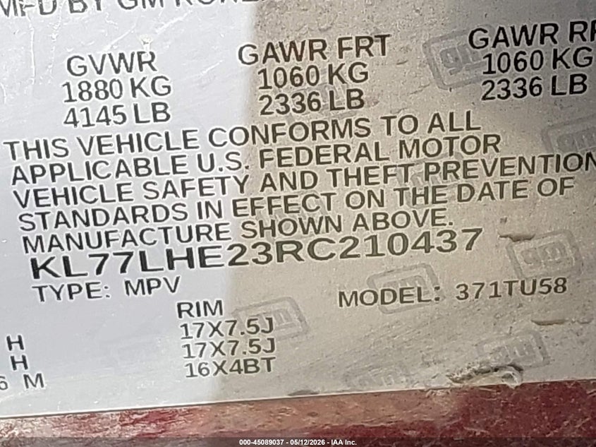 2024 Chevrolet Trax VIN KL77LHE23RC210437 IAAI salvage auction — STORM DAMAGE, Original (Texas), sold $7,500 on 2026-07-28 (photo 9)