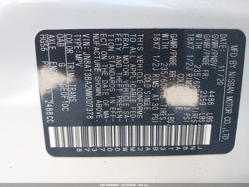 2021 Nissan Rogue VIN JN8AT3BA2MW007378 IAAI salvage auction — FRONT END, Salvage (Alabama), sold $2,750 on 2026-07-29 (photo 9)