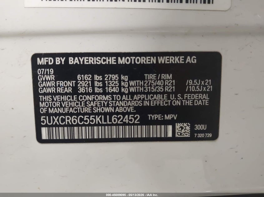 2019 BMW X5 VIN 5UXCR6C55KLL62452 IAAI salvage auction — REAR END, Salvage (Minnesota), sold $15,800 on 2026-07-09 (photo 9)