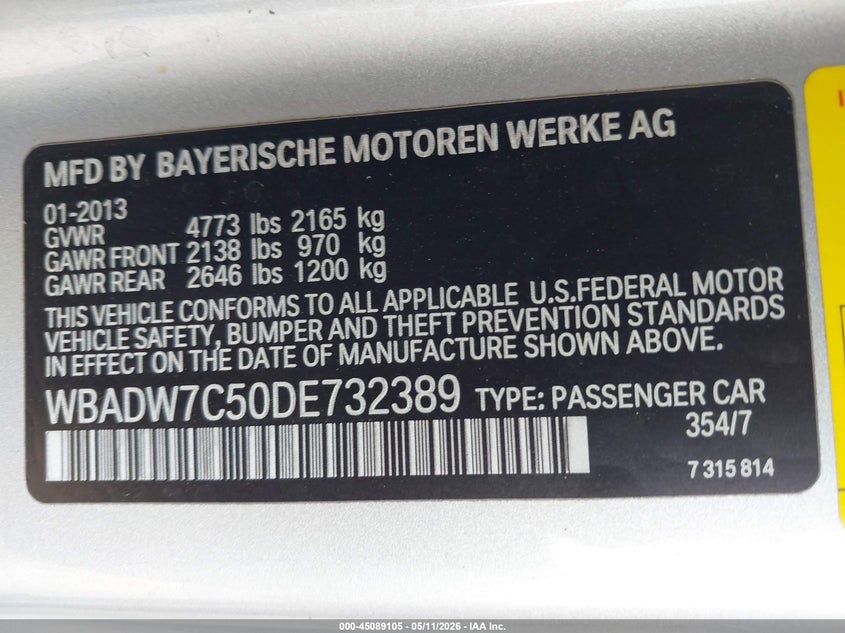 2013 BMW 3er VIN WBADW7C50DE732389 IAAI salvage auction — FRONT & REAR, Rebuildable (Florida), sold $500 on 2026-07-28 (photo 9)