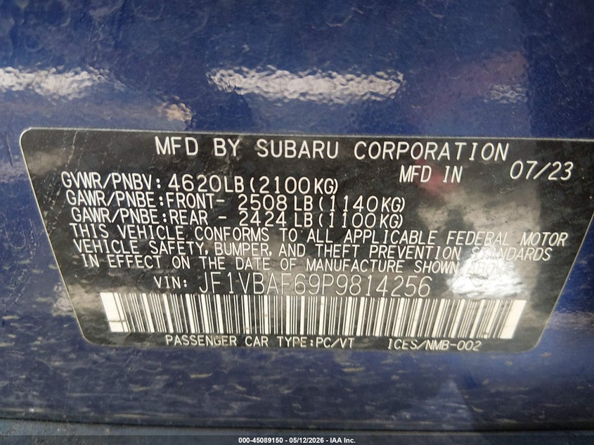 2023 Subaru Wrx VIN JF1VBAF69P9814256 IAAI salvage auction — MECHANICAL, Clear (Colorado), sold $6,200 on 2026-07-28 (photo 9)