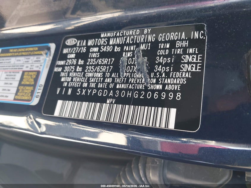 2017 Kia Sorento VIN 5XYPGDA30HG206998 IAAI salvage auction — HAIL, Salvage (Ohio), sold $750 on 2026-07-28 (photo 9)