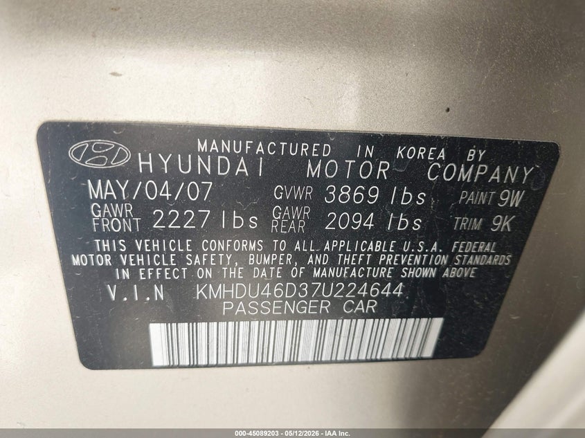 2007 Hyundai Elantra VIN KMHDU46D37U224644 IAAI salvage auction — REAR END, Salvage (Texas), sold $300 on 2026-07-21 (photo 9)