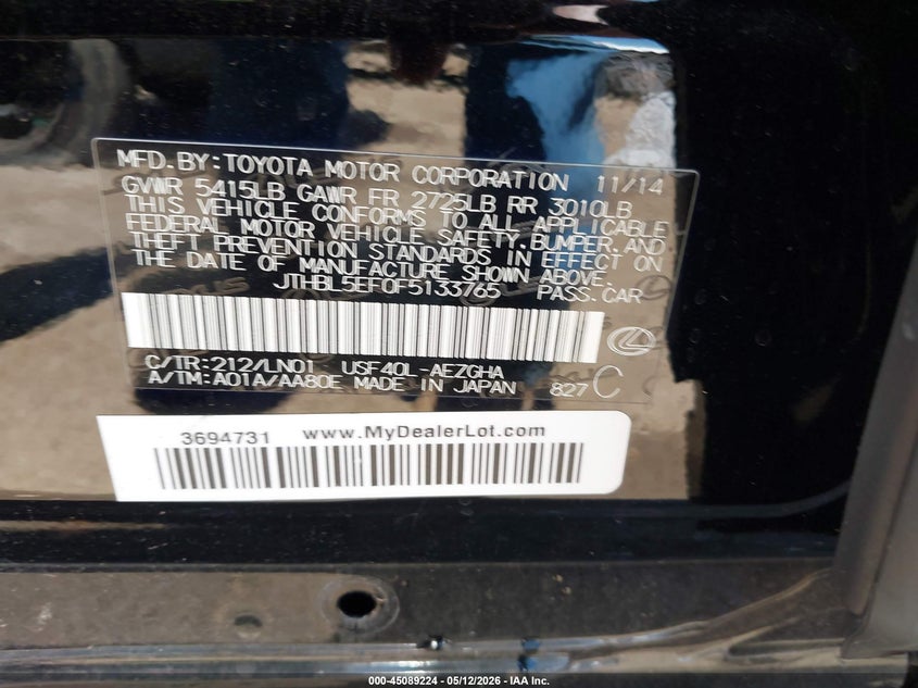 2015 Lexus Ls VIN JTHBL5EF0F5133765 IAAI salvage auction — FRONT END, Clear (Oklahoma), sold $9,000 on 2026-07-15 (photo 9)