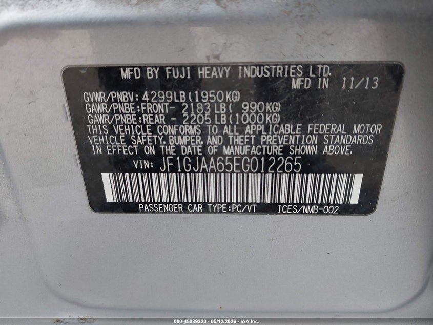 2014 Subaru Impreza VIN JF1GJAA65EG012265 IAAI salvage auction — FRONT END, Junk Bill Of Sale Mv2459 (Wisconsin), sold $350 on 2026-07-07 (photo 9)