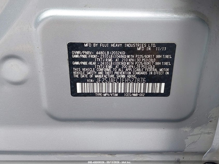 2014 Subaru Forester VIN JF2SJAEC1EH527876 IAAI salvage auction — EXTERIOR BURN, Salvage (Oregon), sold $575 on 2026-07-07 (photo 9)