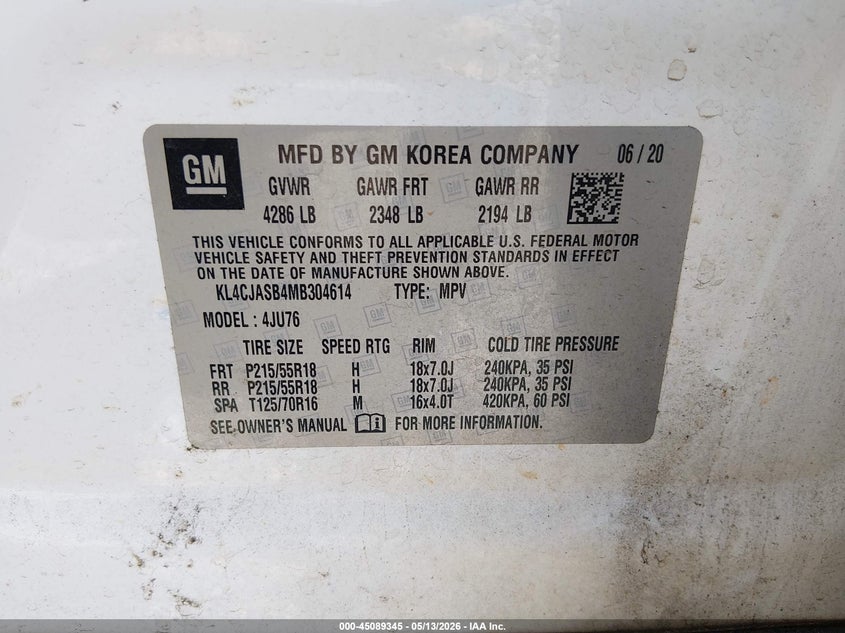 2021 Buick Encore VIN KL4CJASB4MB304614 IAAI salvage auction — FRONT END, Clear (South Carolina), sold $825 on 2026-07-07 (photo 9)