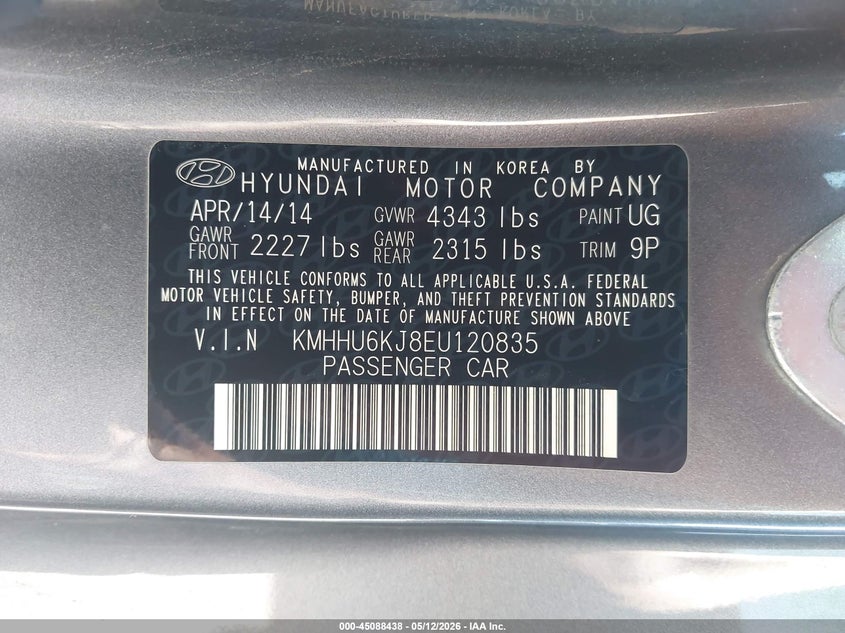 2014 Hyundai Genesis VIN KMHHU6KJ8EU120835 IAAI salvage auction — FRONT END, Original (Texas), sold $2,000 on 2026-07-15 (photo 9)