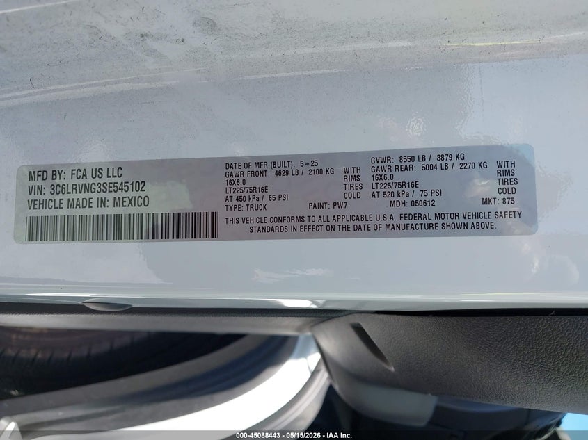 2025 Ram Promaster city VIN 3C6LRVNG3SE545102 IAAI salvage auction — FRONT END, Rebuildable (Florida), sold $6,100 on 2026-07-29 (photo 9)