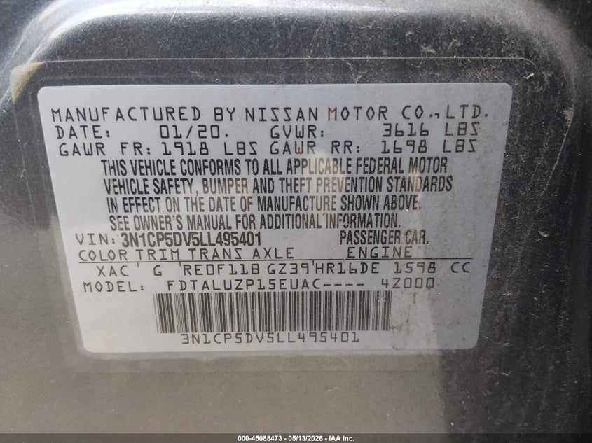 2020 Nissan Kicks VIN 3N1CP5DV5LL495401 IAAI salvage auction — SIDE, Original (Texas), sold $2,350 on 2026-07-09 (photo 9)