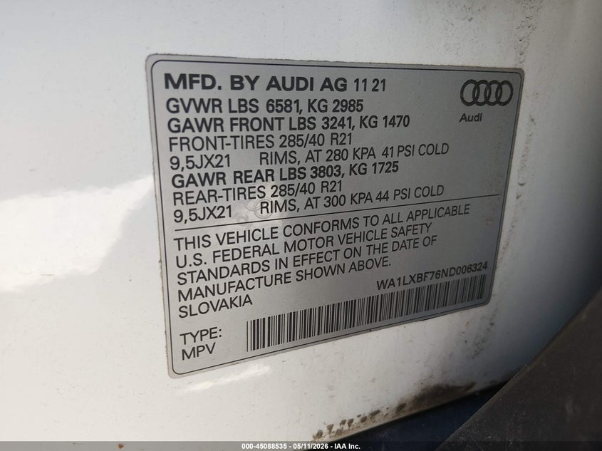 2022 Audi Q7 VIN WA1LXBF76ND006324 IAAI salvage auction — UNKNOWN, Salvage (Illinois), sold $16,100 on 2026-07-08 (photo 9)