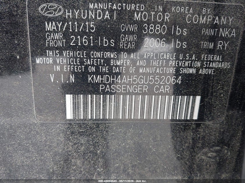 2016 Hyundai Elantra VIN KMHDH4AH5GU552064 IAAI salvage auction — NORMAL WEAR, Salvage (Texas), sold $1,300 on 2026-07-15 (photo 9)
