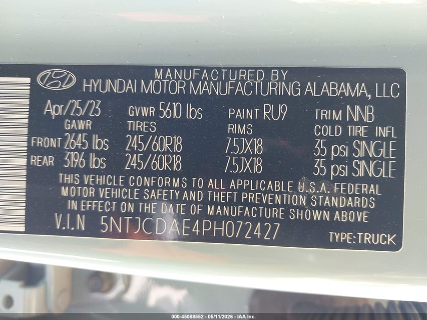 2023 Hyundai Santa cruz VIN 5NTJCDAE4PH072427 IAAI salvage auction — FRONT & REAR, Original (Texas), sold $3,000 on 2026-07-29 (photo 9)