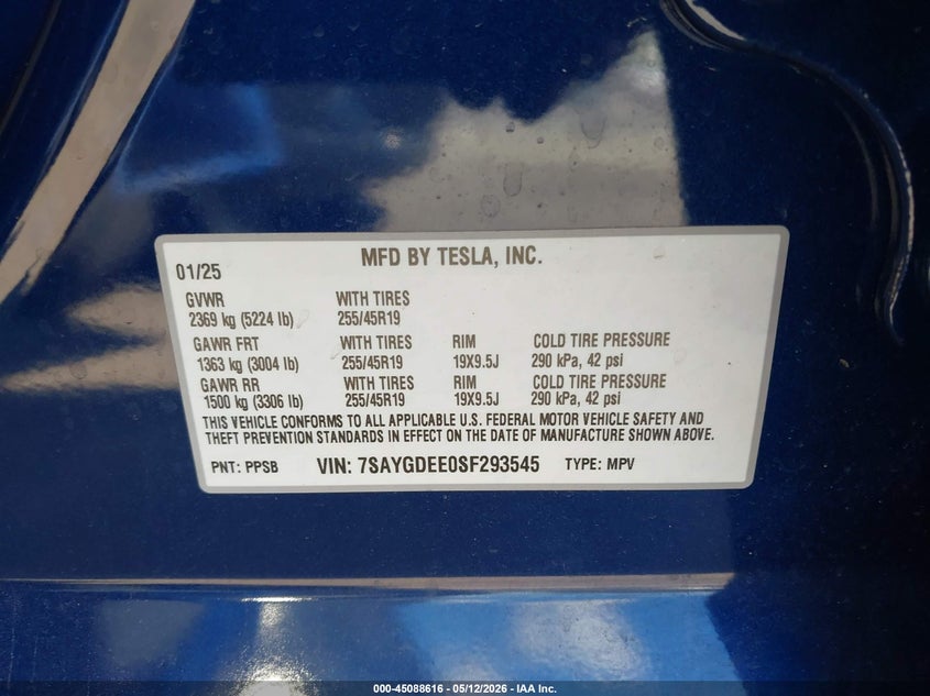 2025 Tesla Model y VIN 7SAYGDEE0SF293545 IAAI salvage auction — FRONT END, Salvage Title, sold $16,500 on 2026-07-23 (photo 9)